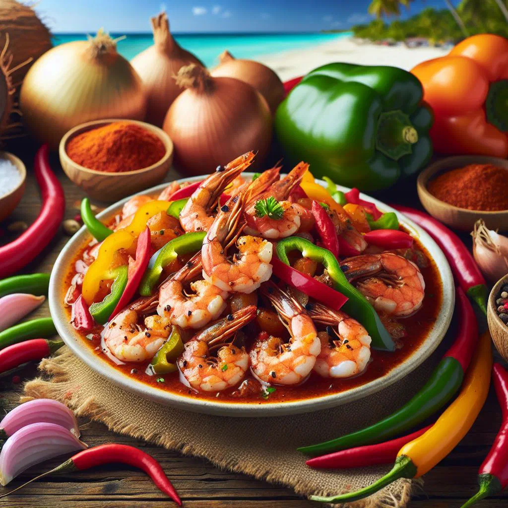 Spicy Jamaican pepper shrimp garnished with fresh herbs and lime