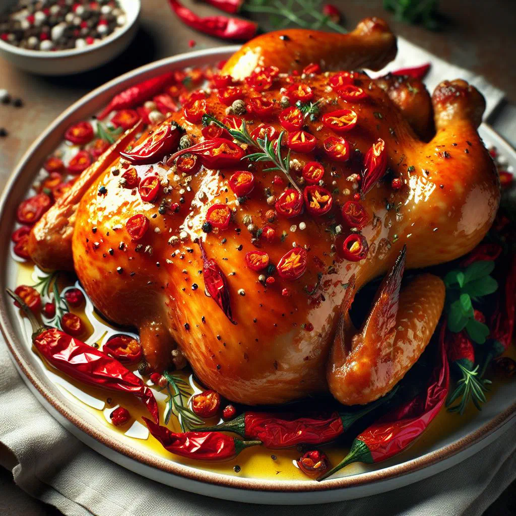 Golden pimento-seasoned chicken pieces garnished with fresh herbs and lime