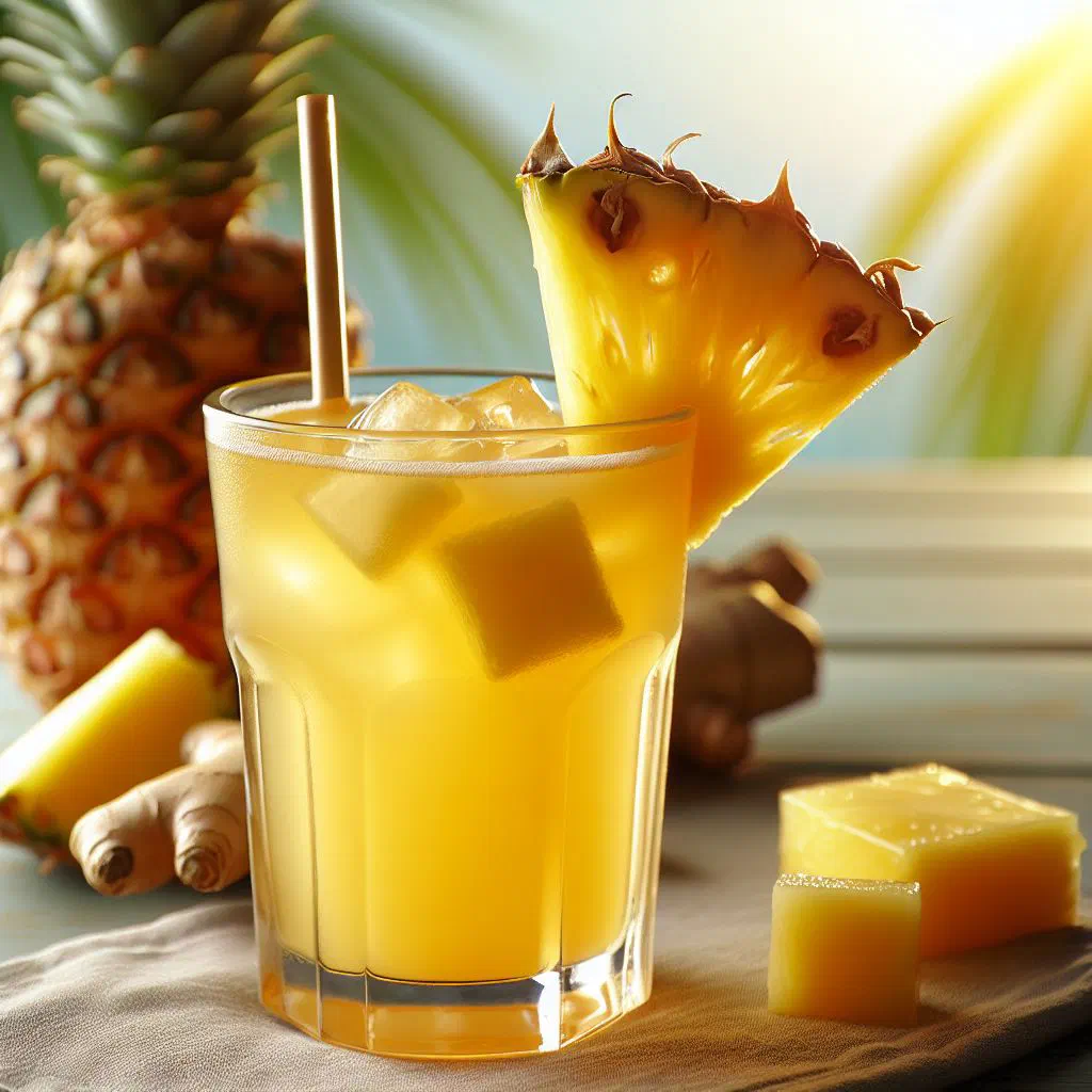 A glass of chilled pineapple ginger drink garnished with fresh mint