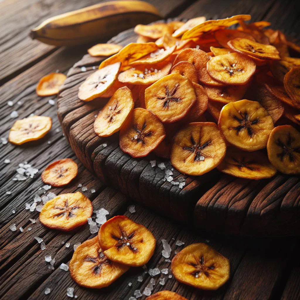 Crisp golden Jamaican plantain chips piled in a bowl
