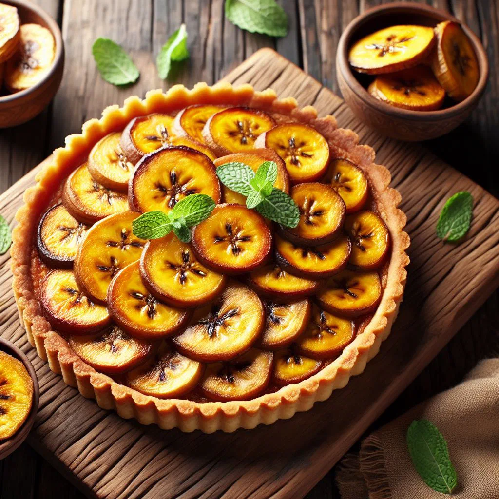 Golden baked plantain tart with a crisp crust and sweet spiced filling