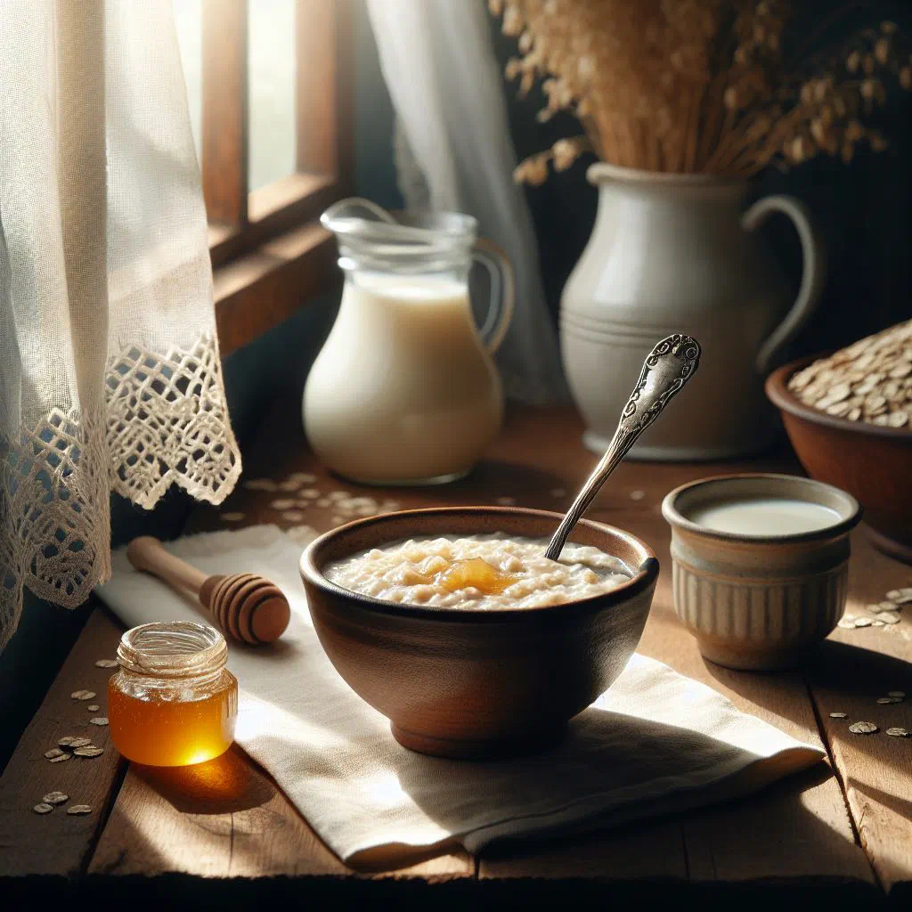 A creamy bowl of Jamaican porridge topped with fresh fruit and a dusting of cinnamon