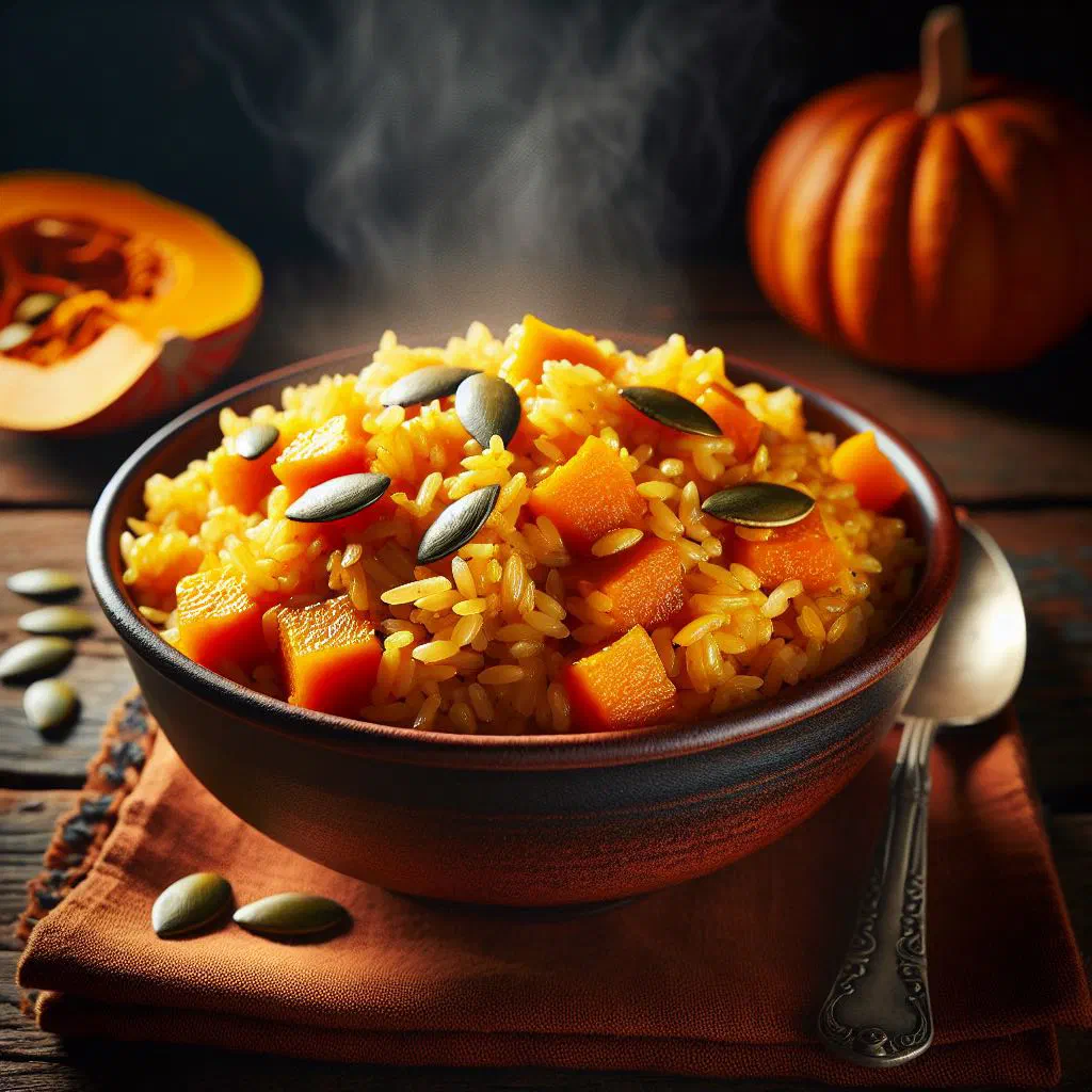 Jamaican pumpkin rice with coconut milk garnished with fresh herbs