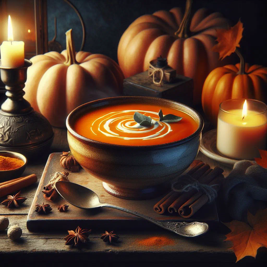 Creamy Jamaican pumpkin soup garnished with fresh herbs and a swirl of coconut milk