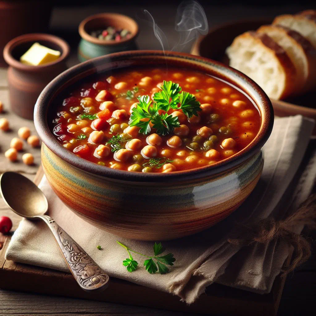 Bowl of Jamaican red peas soup with kidney beans, vegetables and fresh thyme