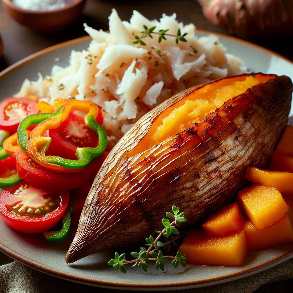 Roasted yam pieces topped with sautéed saltfish and fresh herbs