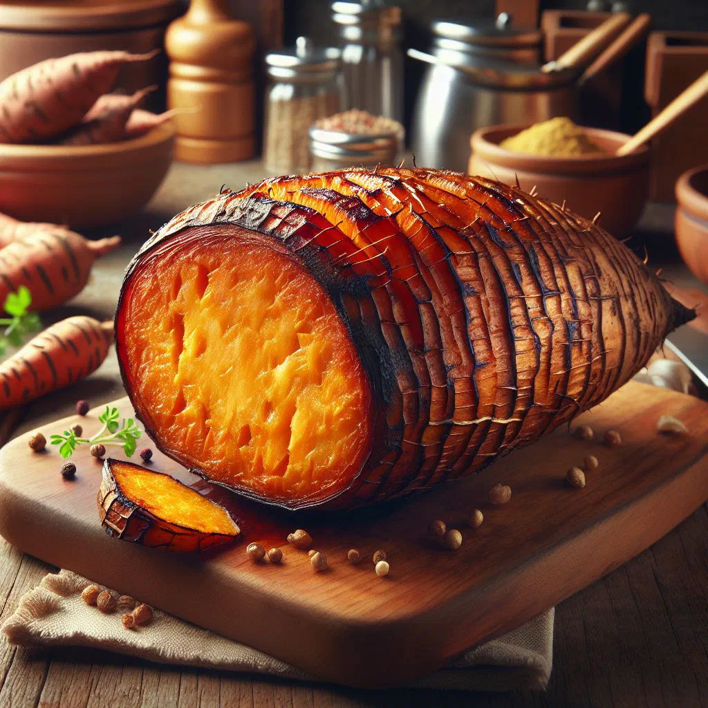 Golden roasted yam pieces with a crisp, nutty crust on a plate