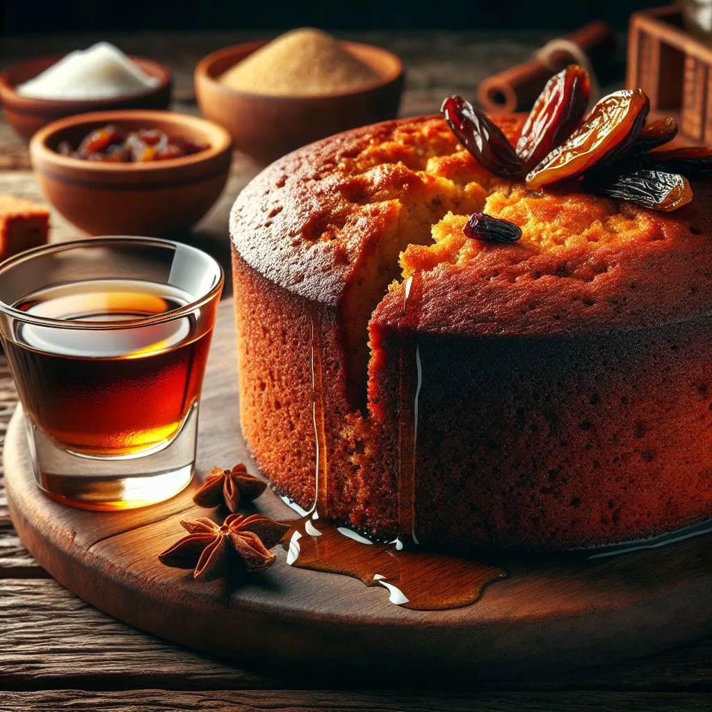 Rich Jamaican rum cake studded with dried fruit and dusted with sugar