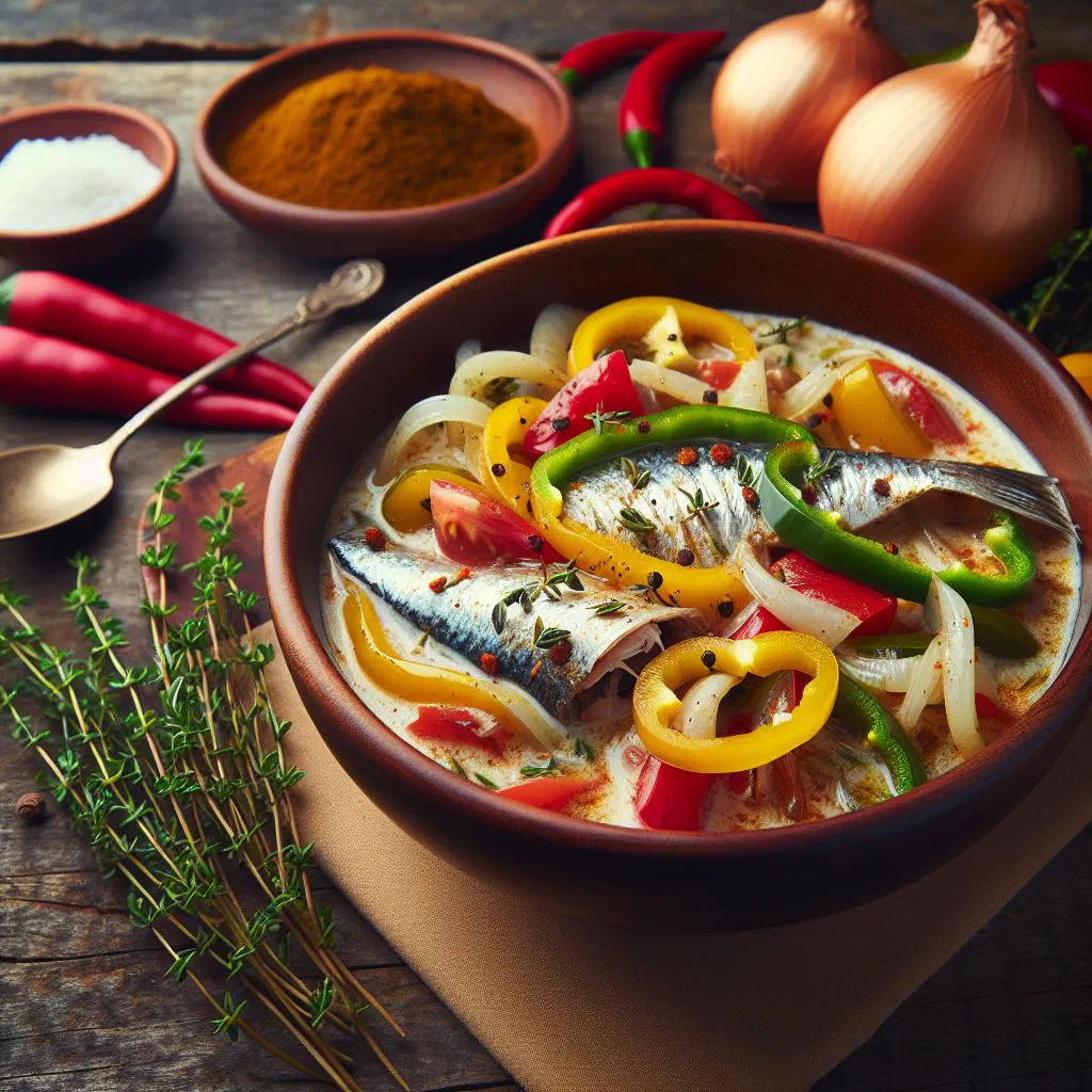 Saltfish run down in a rich coconut sauce with peppers and spring onions