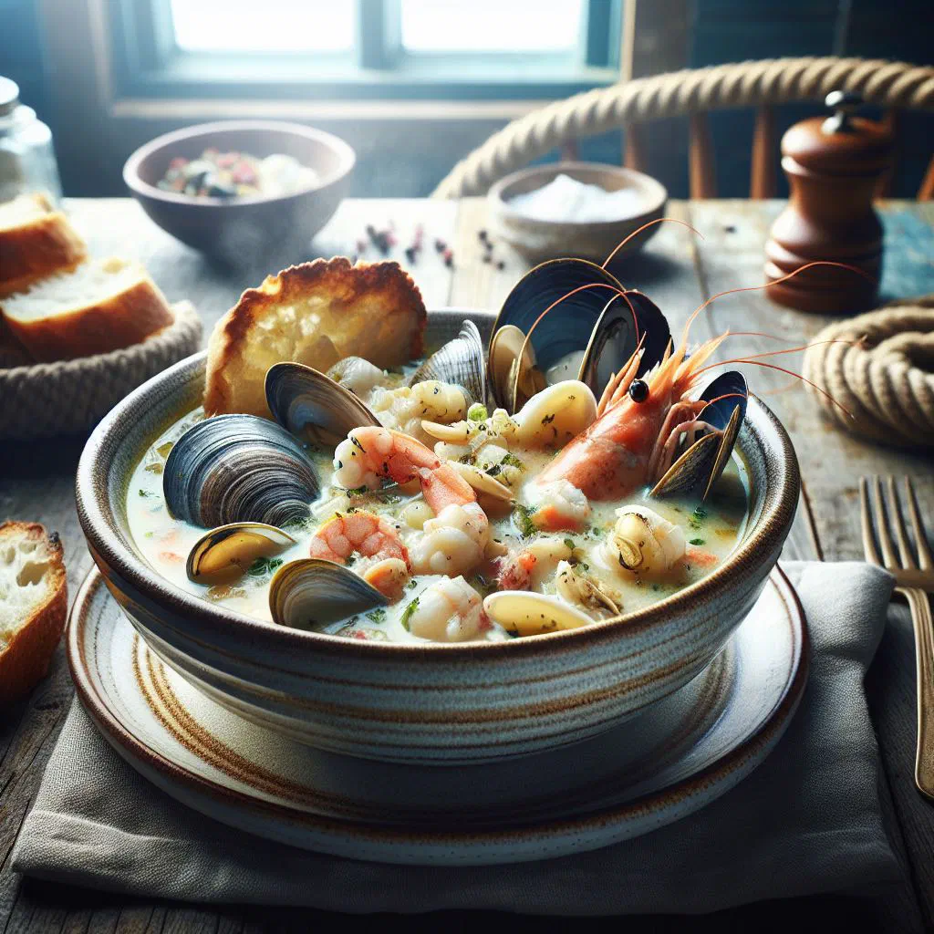Creamy Jamaican seafood chowder in a bowl with prawns and fresh herbs