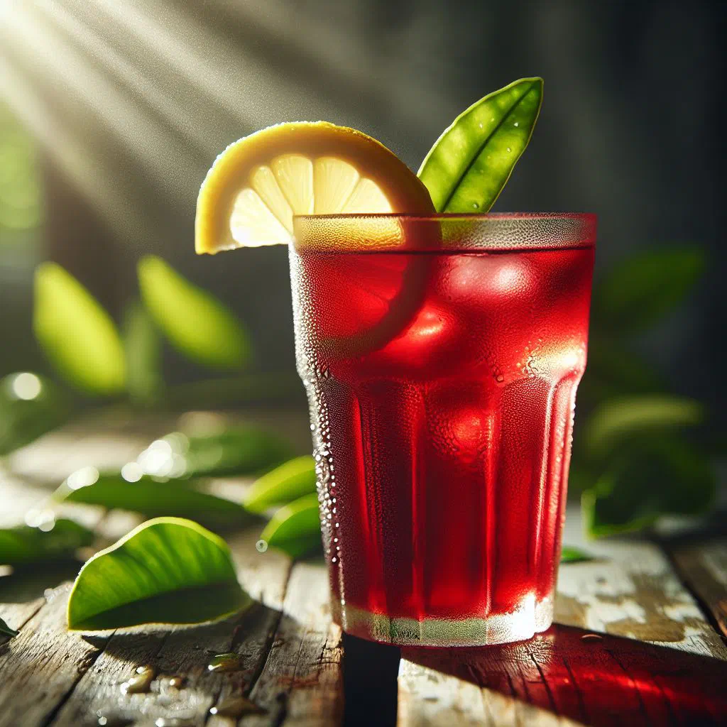 A glass of deep-red Jamaican sorrel drink garnished with lime and mint
