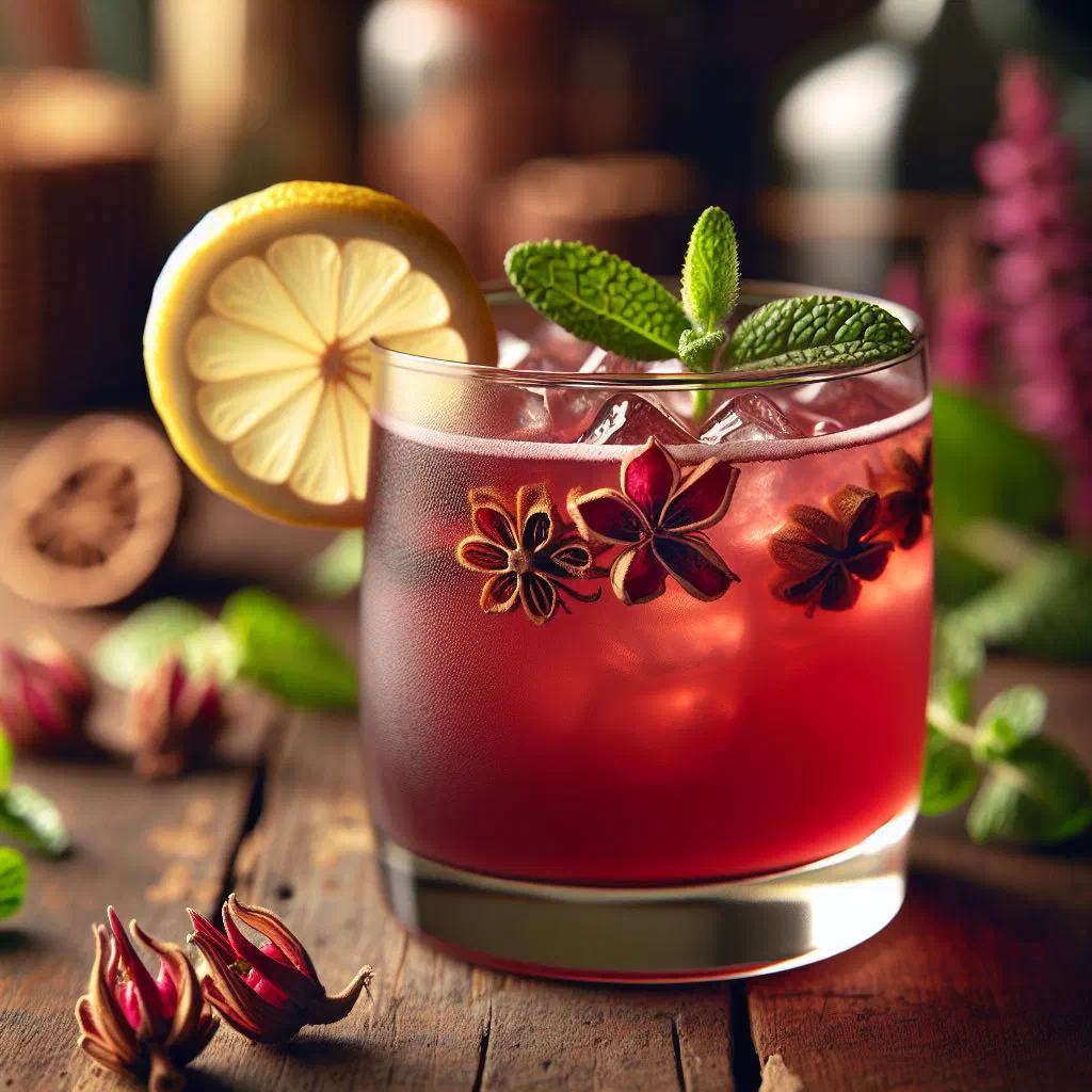 A glass of deep-red Jamaican sorrel punch served over ice with lime