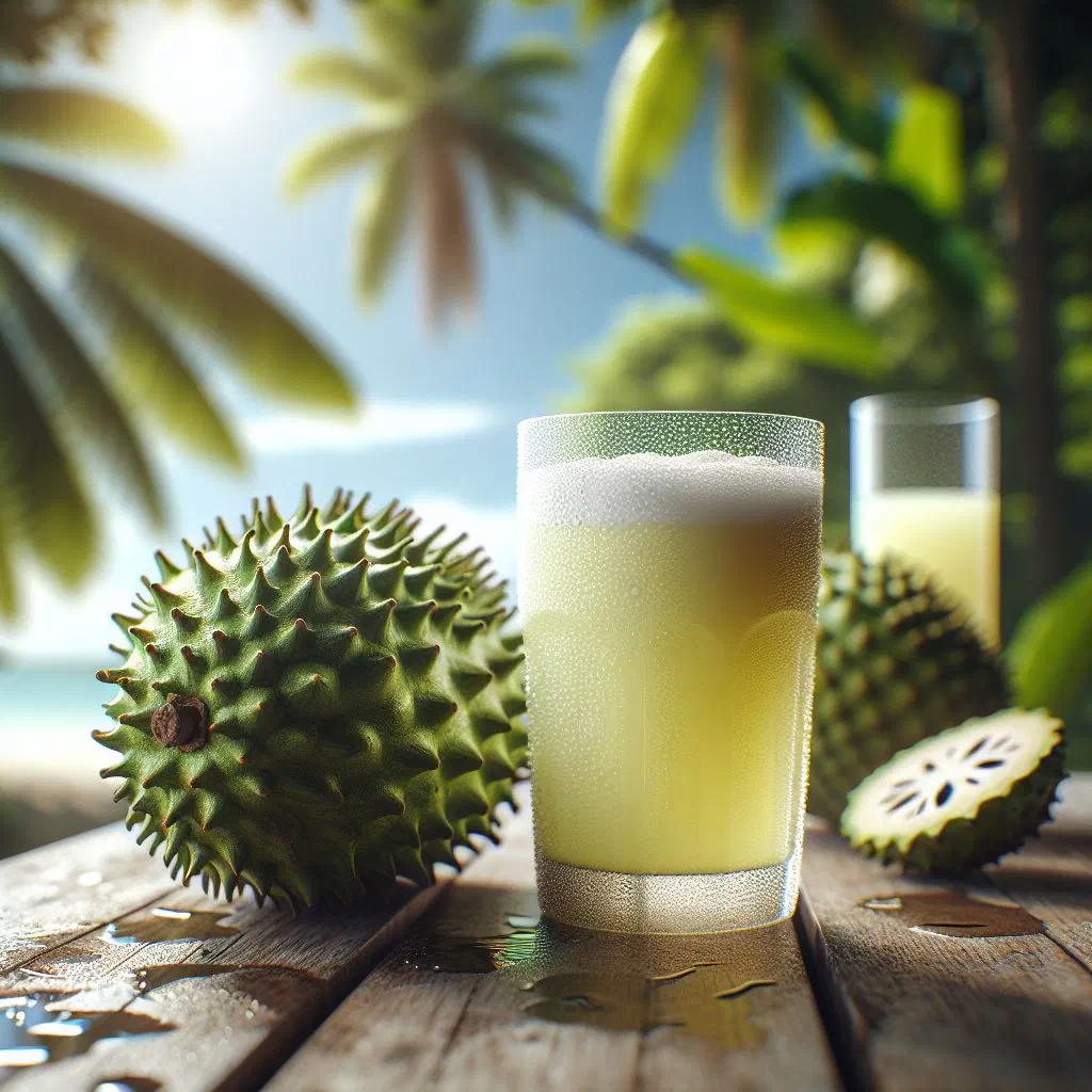 Glass of creamy soursop juice served over ice with a slice of lime