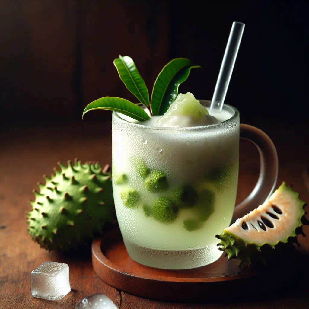 A tall glass of creamy soursop punch garnished with a slice of lime