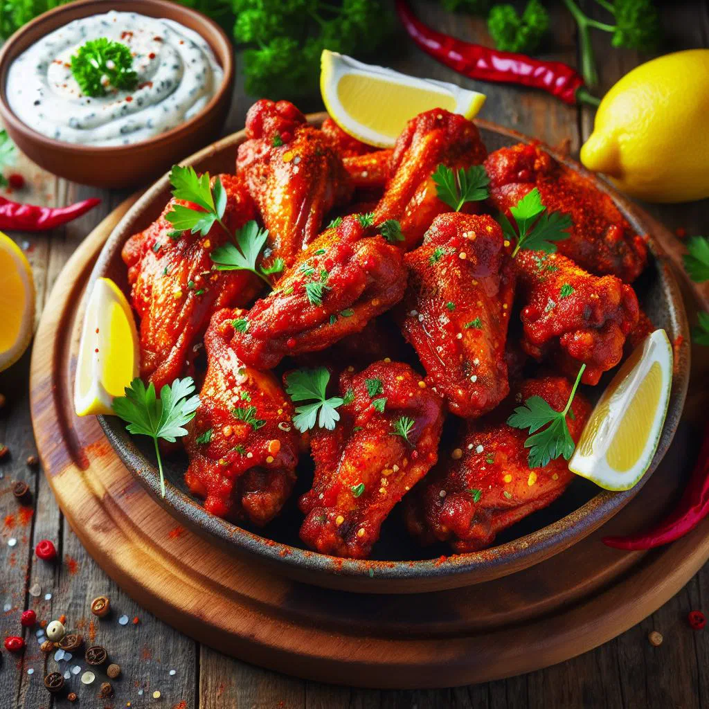 Golden grilled spicy chicken wings garnished with fresh coriander and lime