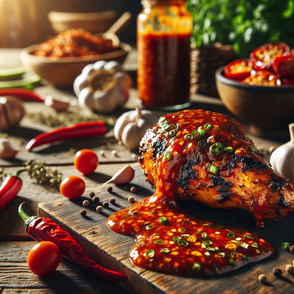 A bowl of dark, spicy Jamaican jerk sauce with fresh thyme