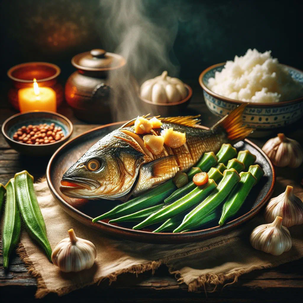 Steamed fish with okra, onion rings and peppers on a serving plate