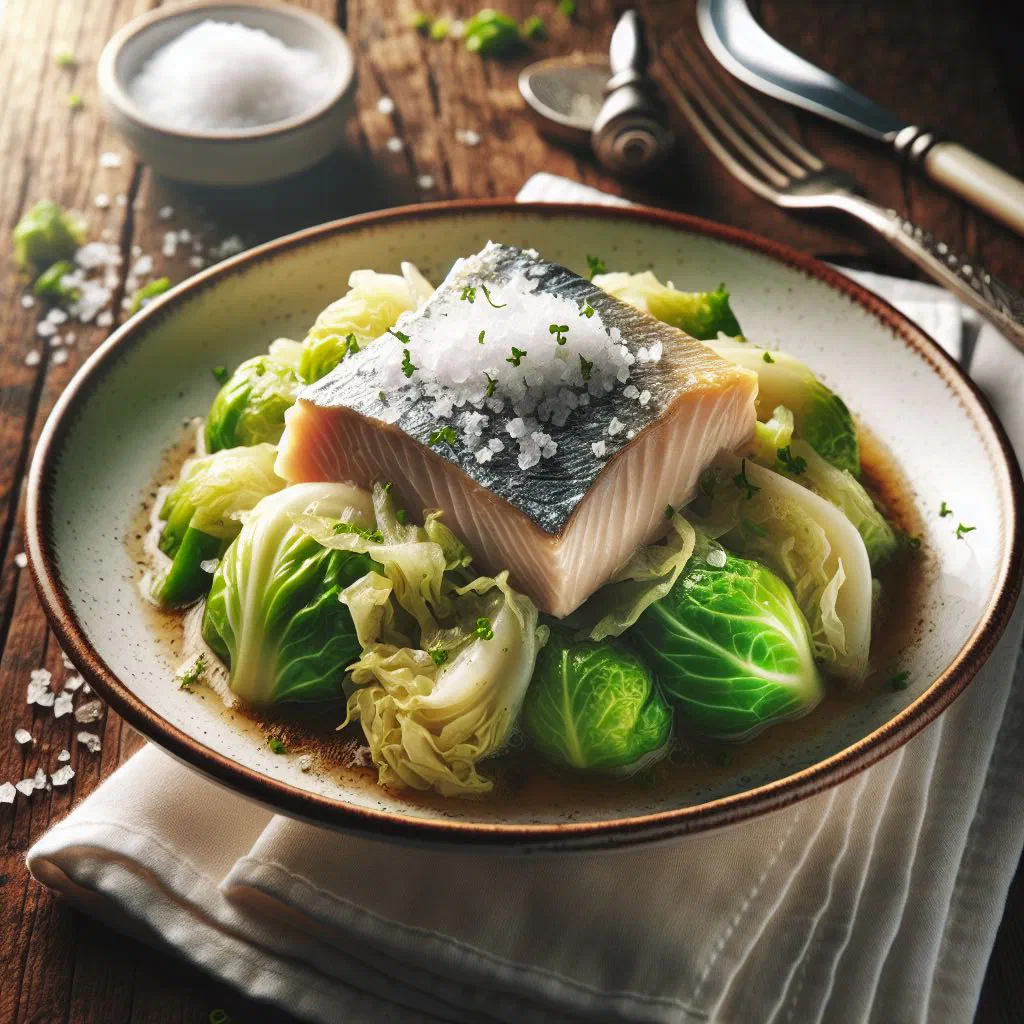 Steamed cabbage with flaked saltfish, onion and thyme in a bowl