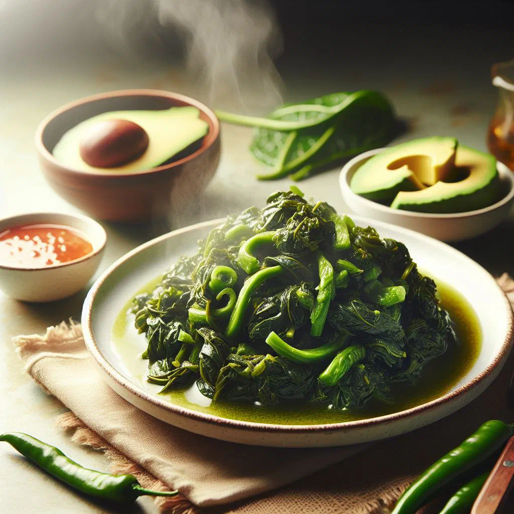 Steamed callaloo greens with onion, tomato and scotch bonnet in a pan