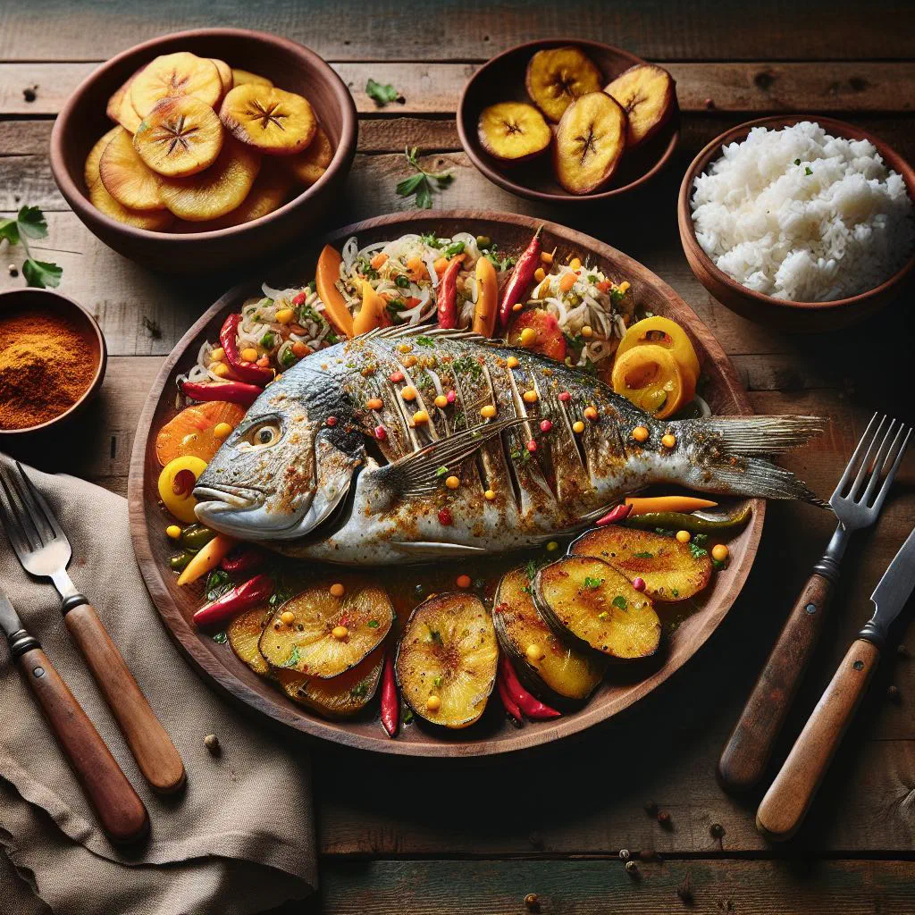 Whole steamed fish with peppers, onions and lime slices