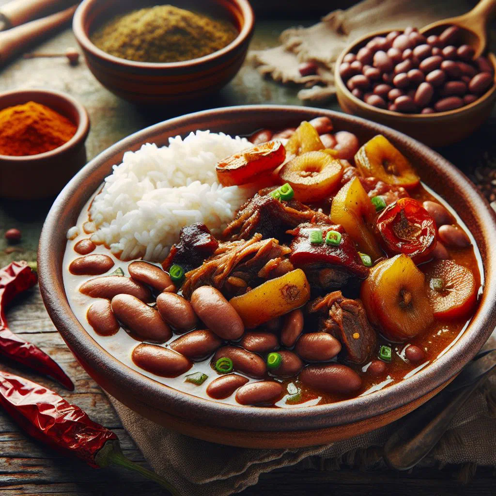 Bowl of Jamaican stew peas with red kidney beans, meat and coconut gravy