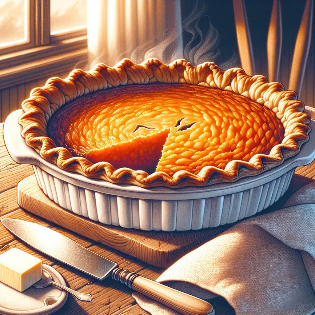 A slice of Jamaican sweet potato pie with a golden crust