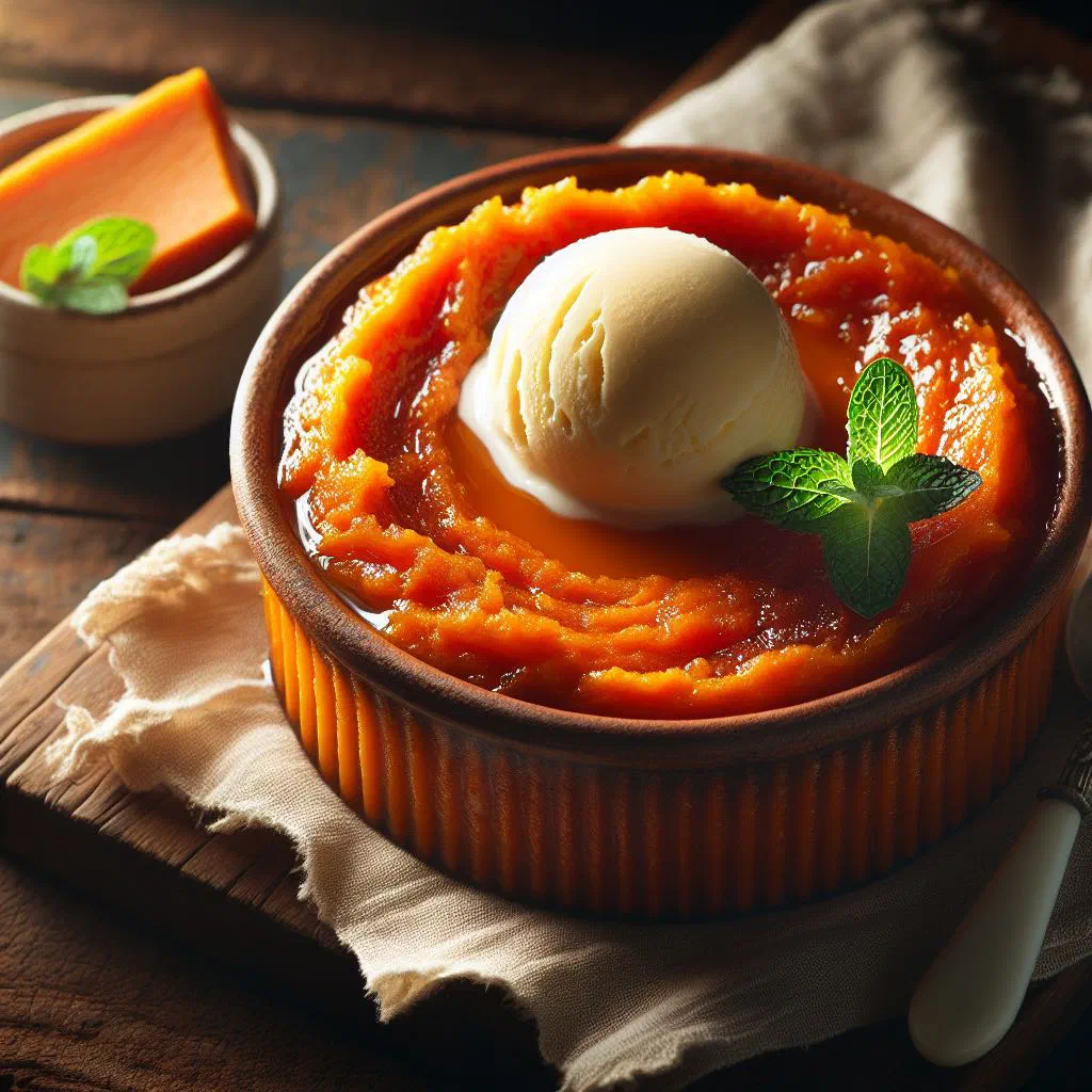 Golden baked sweet potato pudding in a dish, spiced and sliced