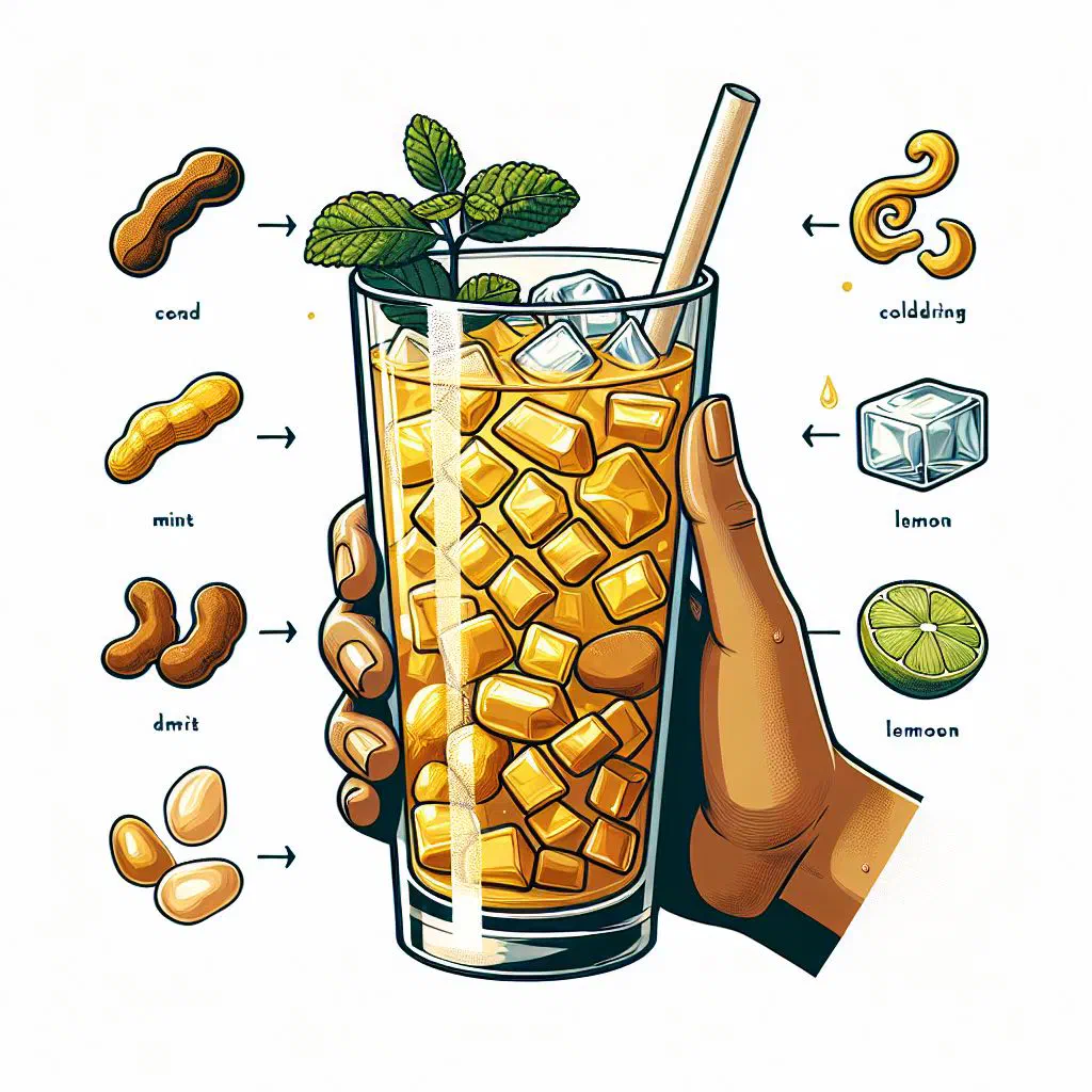 A tall glass of chilled tamarind drink with ice and a lime slice