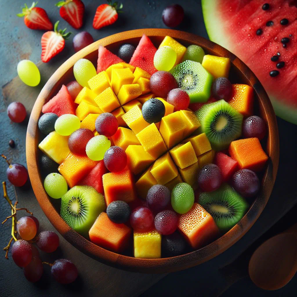 Colourful bowl of tropical fruit salad garnished with fresh mint
