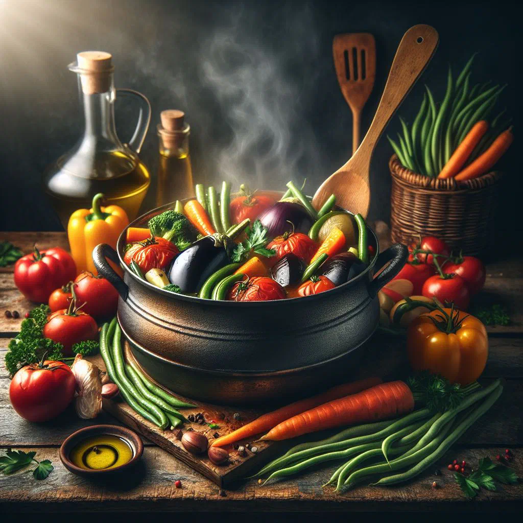 Colourful vegetable rundown simmered in creamy coconut milk