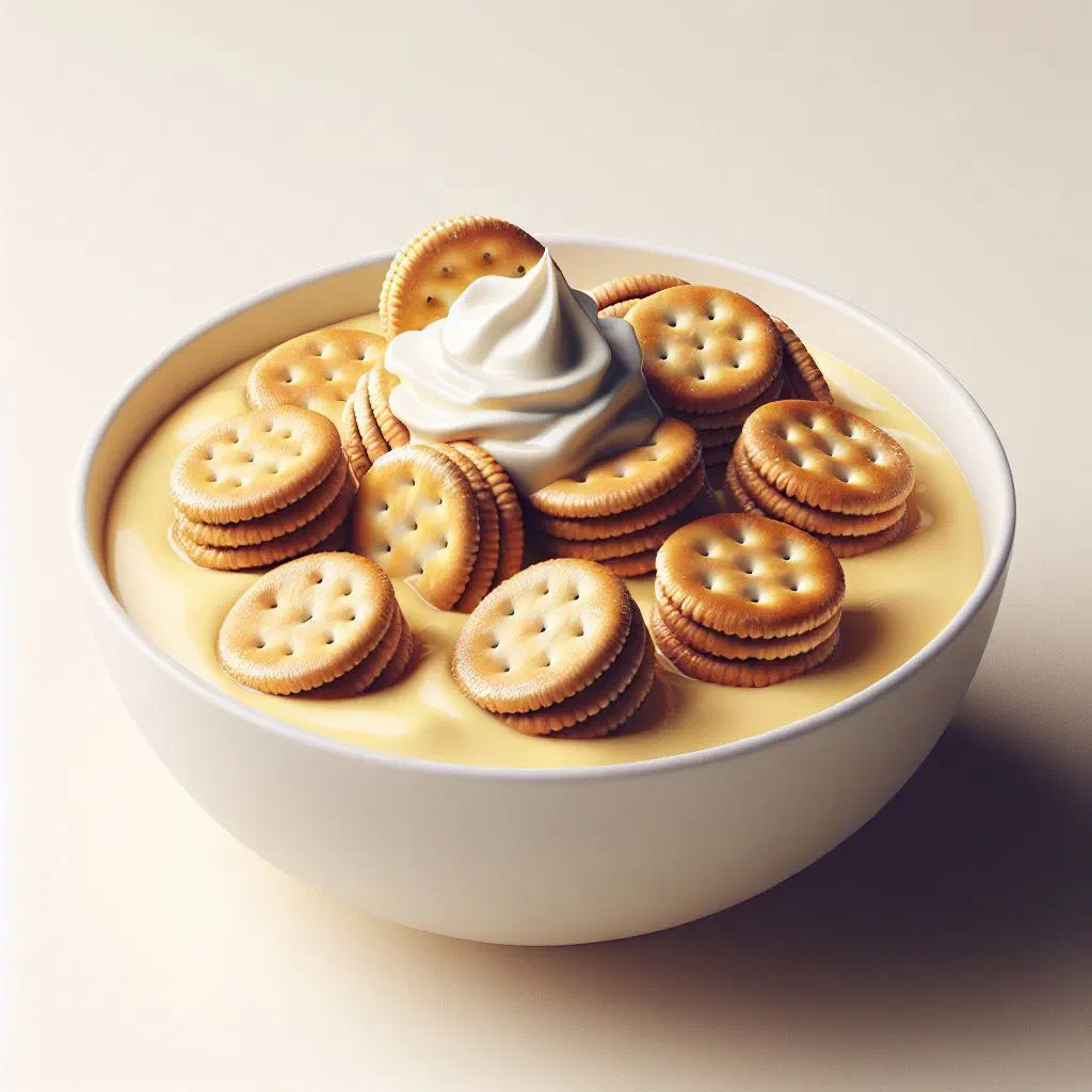 Baked water cracker pudding topped with nuts in a dish