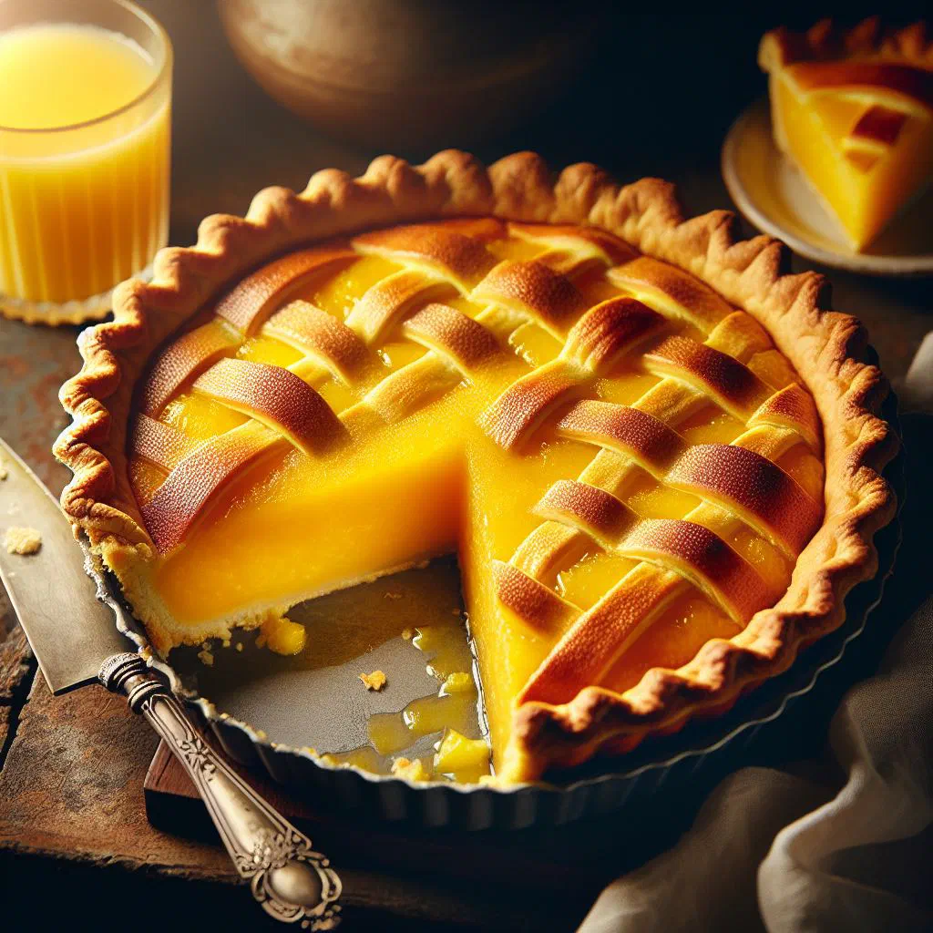 Golden yellow yam pie baked in a dish with a savoury filling