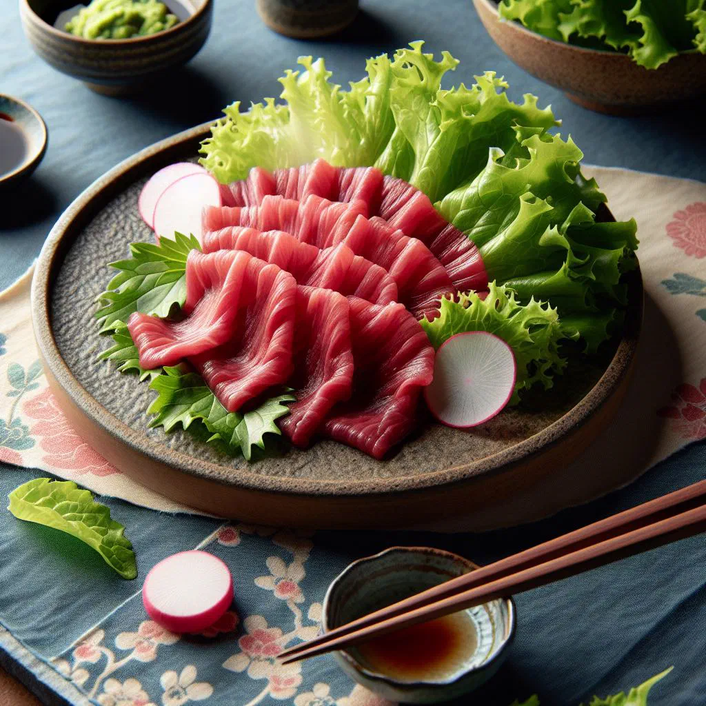 Thinly sliced basashi raw horse meat arranged on a plate with garlic and ginger
