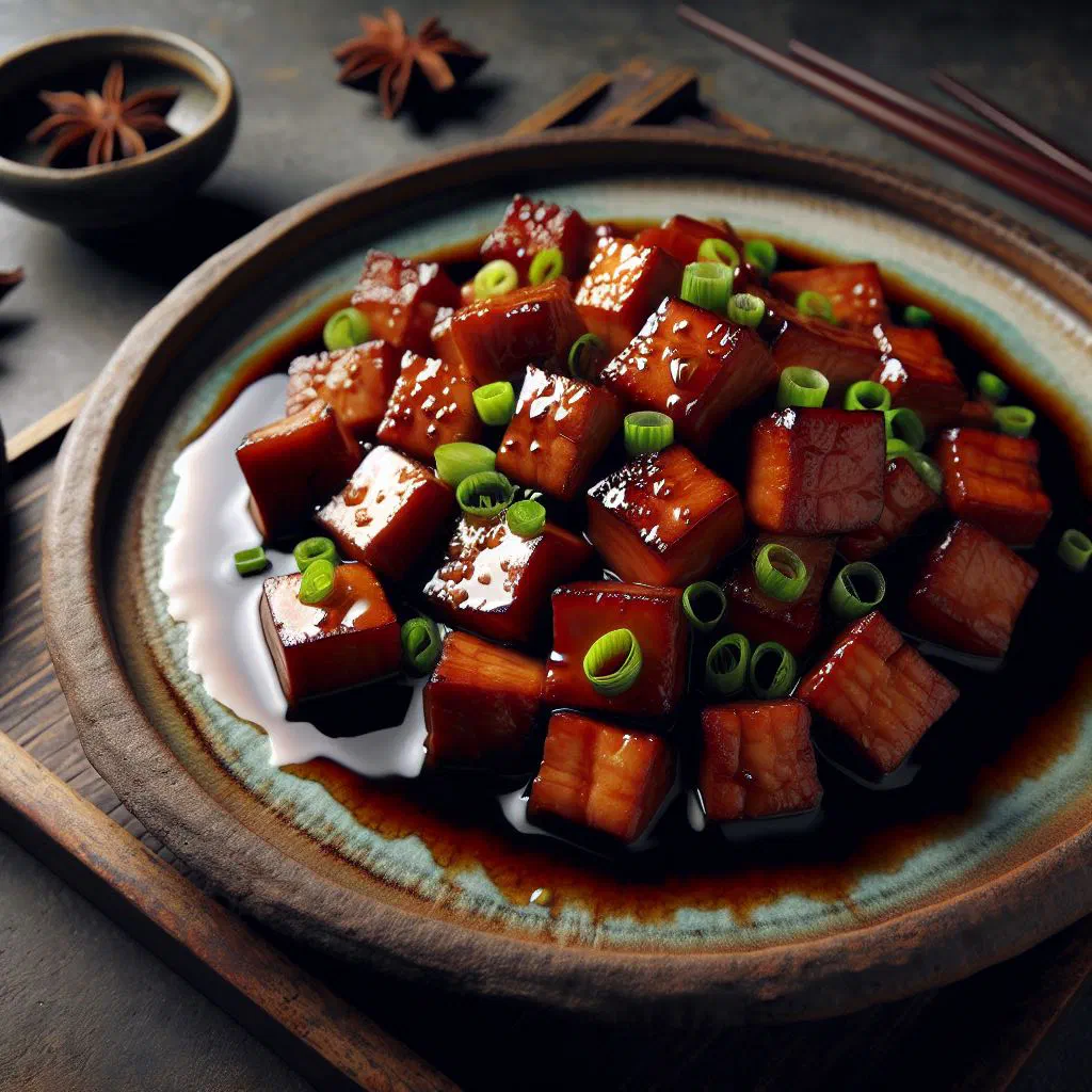Glossy braised pork belly cubes with spring onion in a shallow Japanese bowl
