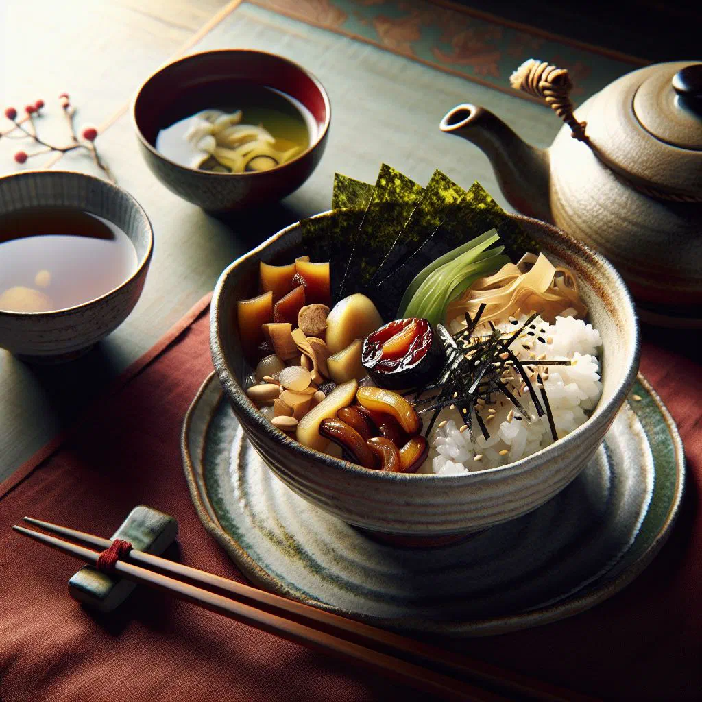 A bowl of chazuke with rice, salmon, spring onions and nori in green tea broth
