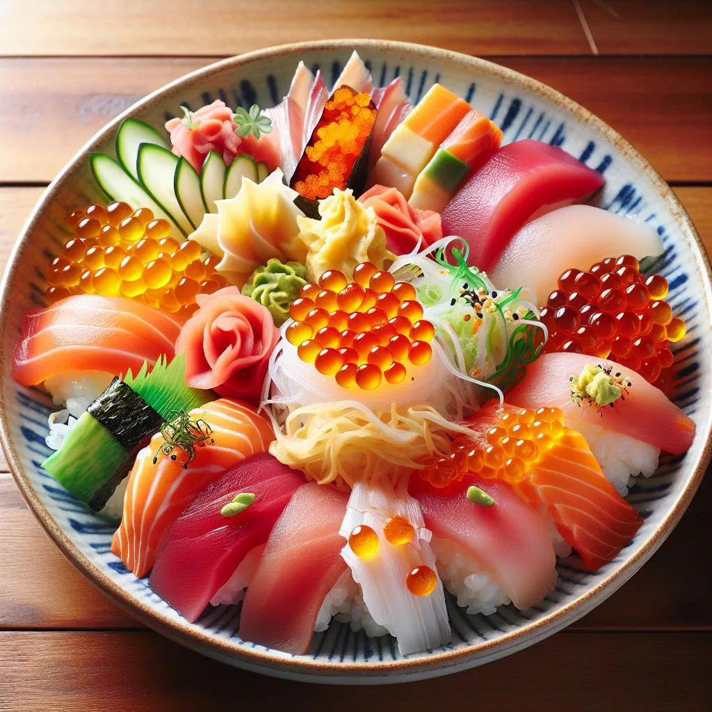 Bowl of chirashi-zushi with sashimi, avocado and vegetables over sushi rice
