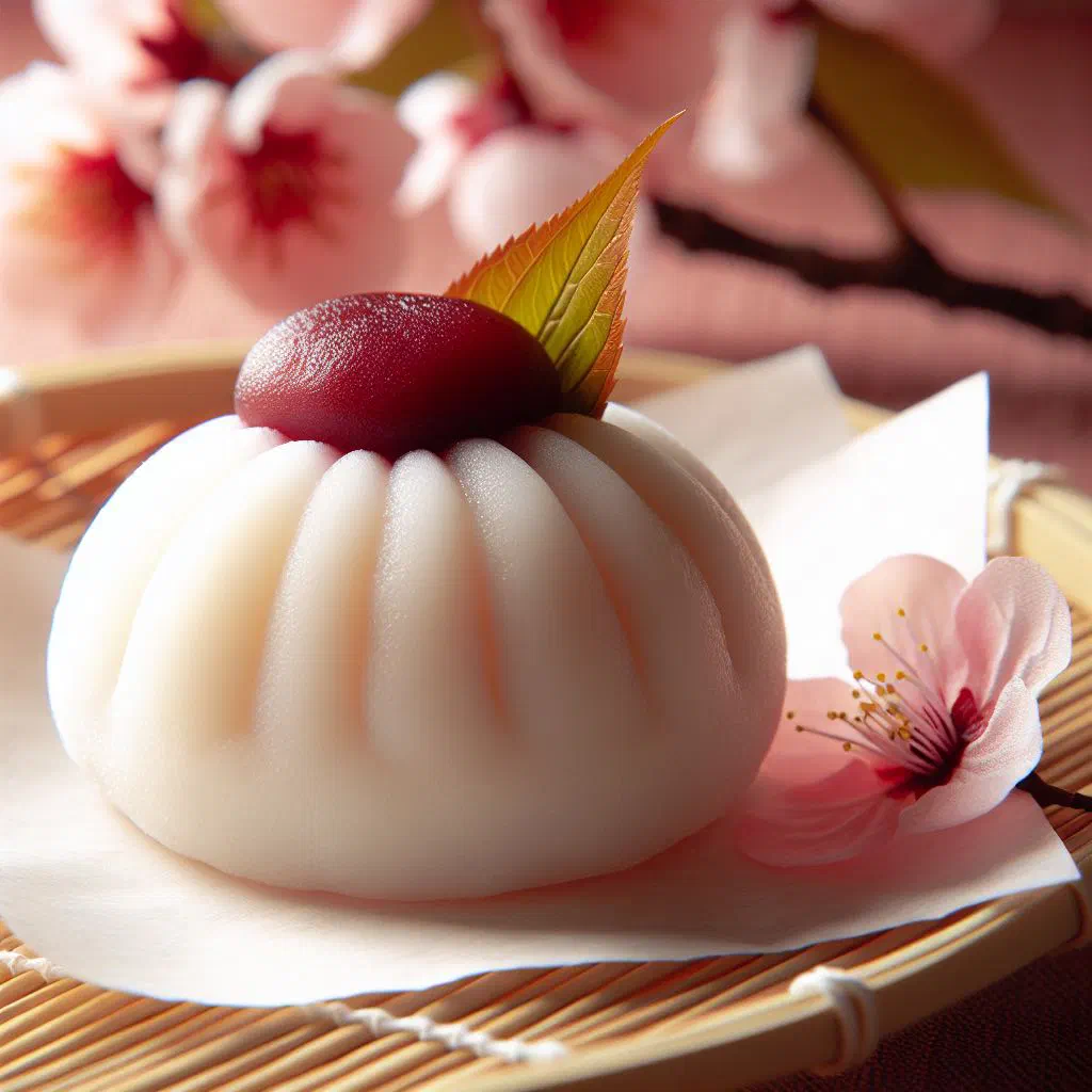 Soft white daifuku rice cakes dusted with starch and filled with red bean paste