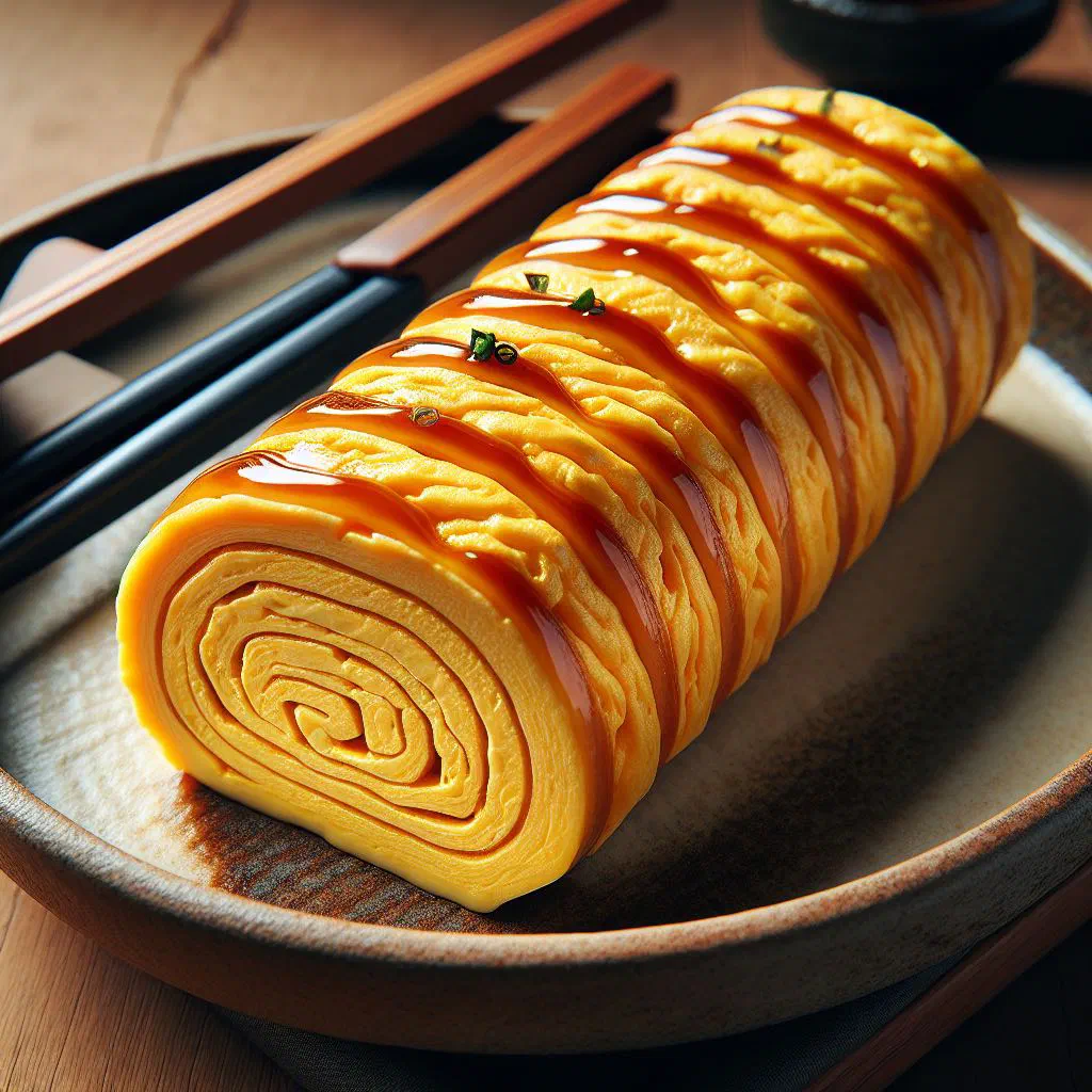 Sliced rolled Japanese omelette with a golden finish on a plate