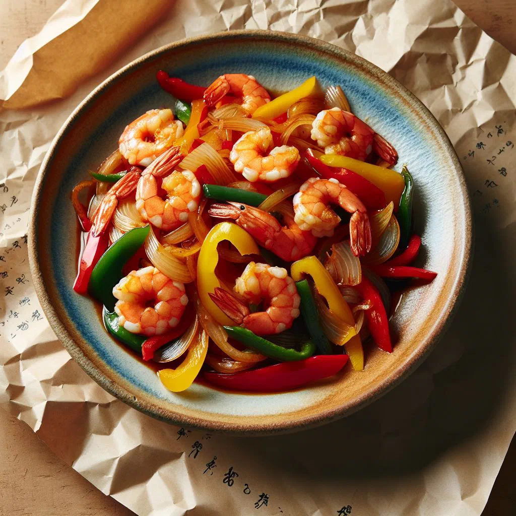 Ebi chiri prawns in a glossy chilli sauce with peppers and spring onions