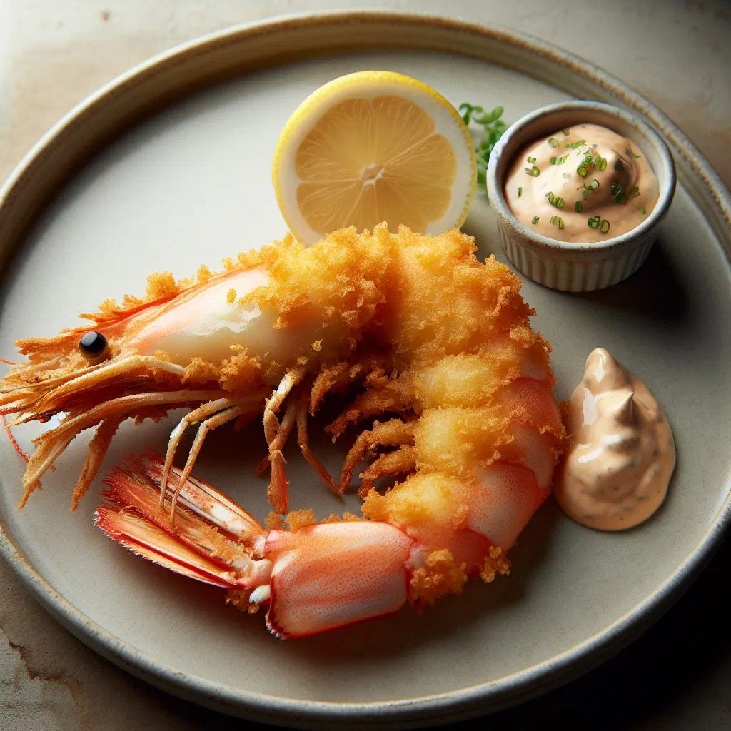 Golden panko-fried prawns served with tartar sauce and a lemon wedge