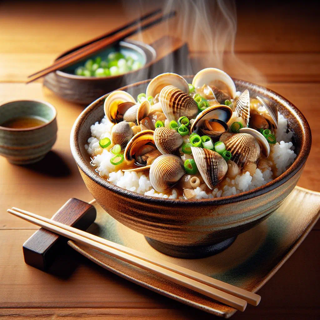 Bowl of Fukagawa Meshi with steamed rice, clams and fresh herbs