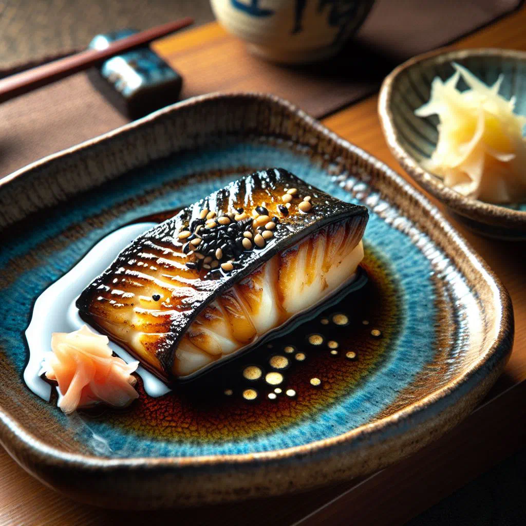 Grilled miso-marinated black cod glazed golden brown on a plate