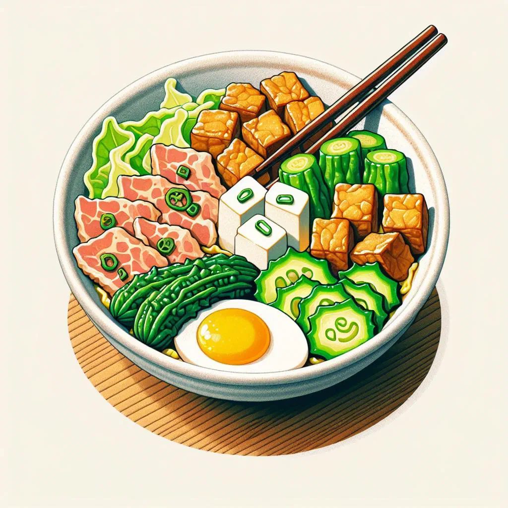 Goya champuru stir-fry with bitter melon, tofu and pork in a bowl