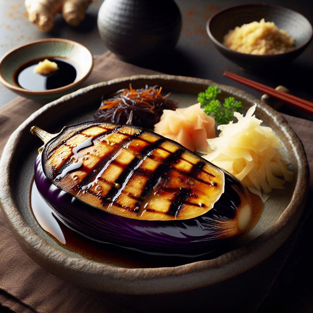Grilled aubergine halves glazed with soy and garnished with spring onions