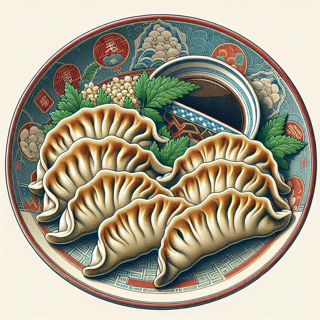 Pan-fried gyoza dumplings with crisp golden bases and a dipping sauce