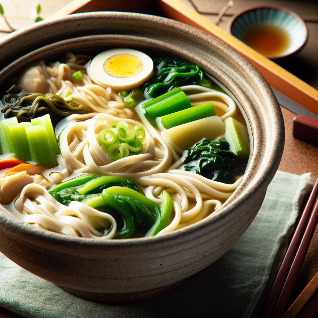 A steaming bowl of hōtō with flat udon noodles, pumpkin and spring onions in miso broth
