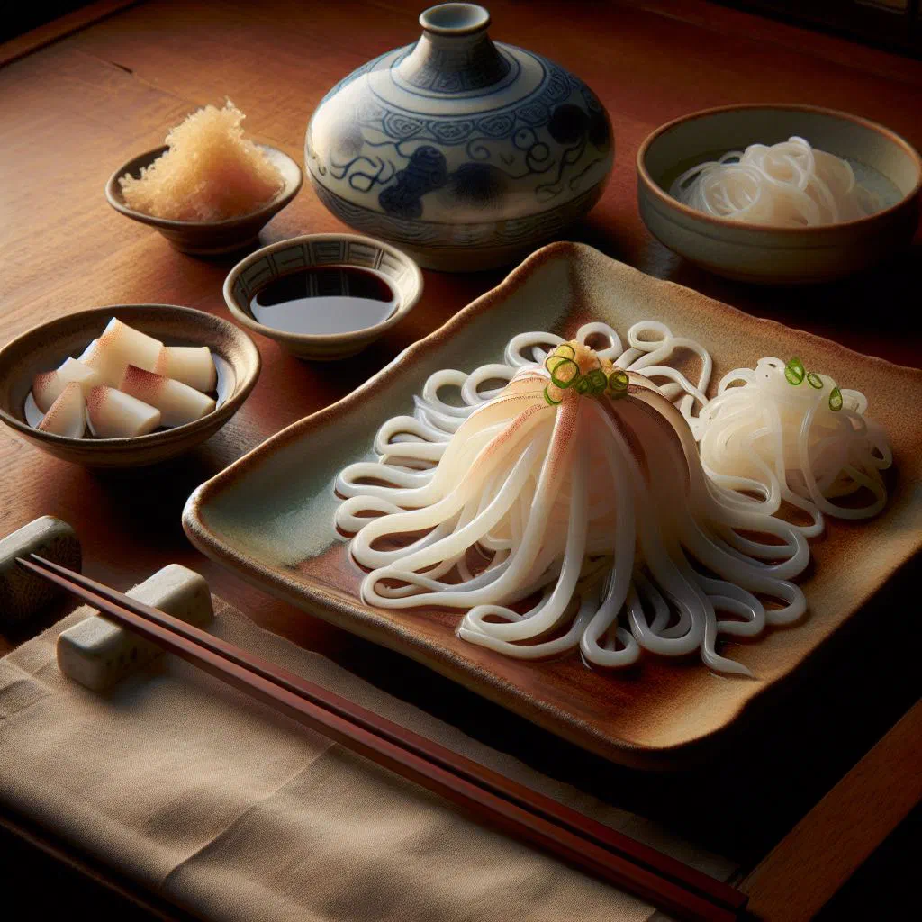 Chilled sōmen noodles topped with thin squid slices and spring onions
