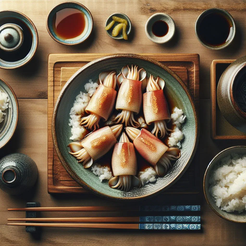 Stuffed squid simmered in soy sauce and sliced into rings