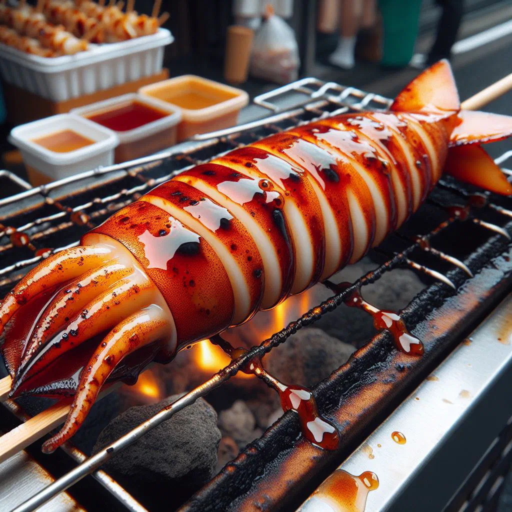 Grilled ikayaki squid glazed with soy sauce on a wooden board