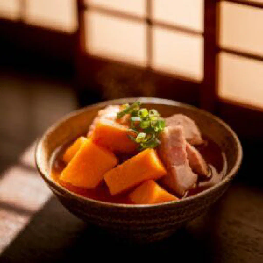 A steaming bowl of imoni with root vegetables and tender meat, garnished with spring onions